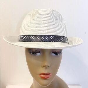 Elegant White Fedora Hat with Black Polka Dot Band